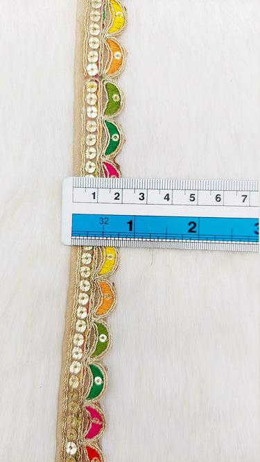 Beige Art Silk Scallop Fabric Lace Trim with Sequins and Multicolour Embroidery, Sari Border, Trim By 3 Yards